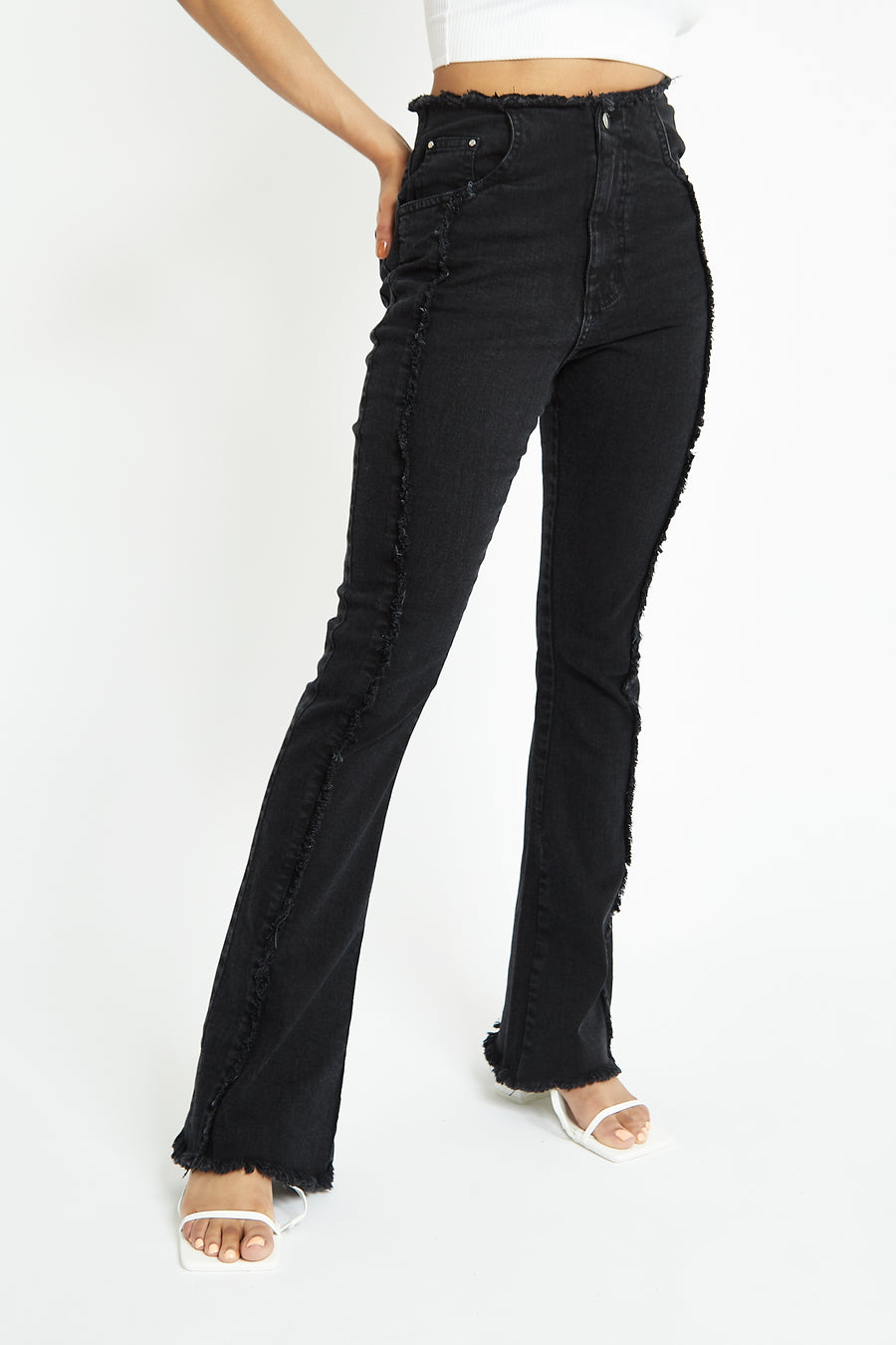 ZEPHYRA Frayed Seam Fit and Flare Jeans - Black Wash -  Women's Flare Jeans