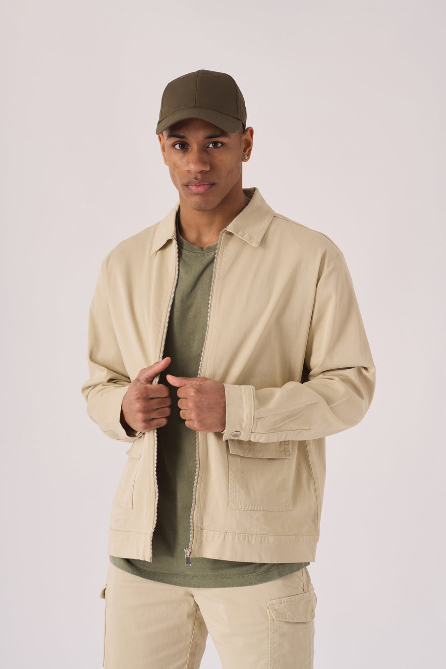 ZIP FRONT CARGO JACKET - BEIGE -  Men's Cargo Denim Jackets