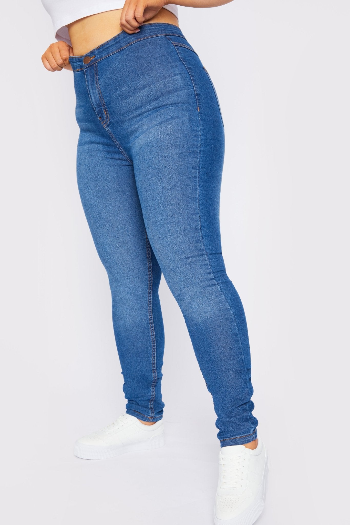 Asminah Plus Size High Rise Stretch Skinny Jeans - Mid Blue - JMOJO - Women's Skinny Jeans