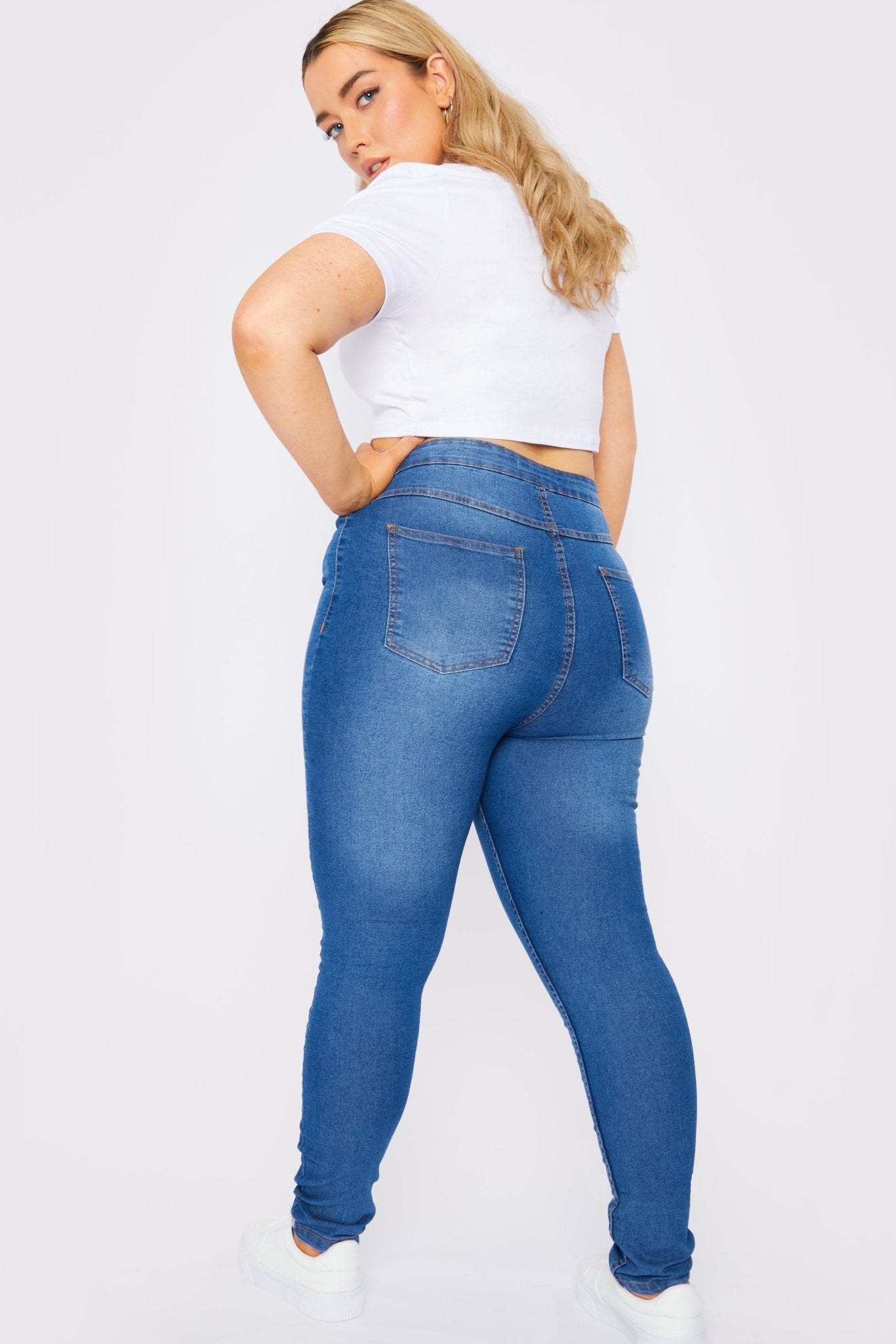 Asminah Plus Size High Rise Stretch Skinny Jeans - Mid Blue - JMOJO - Women's Skinny Jeans