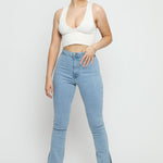AURELIA High Waisted Split Hem Flare Jeans - Light Blue - JMOJO - Women's Flare Jeans