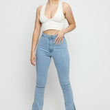 AURELIA High Waisted Split Hem Flare Jeans - Light Blue - JMOJO - Women's Flare Jeans