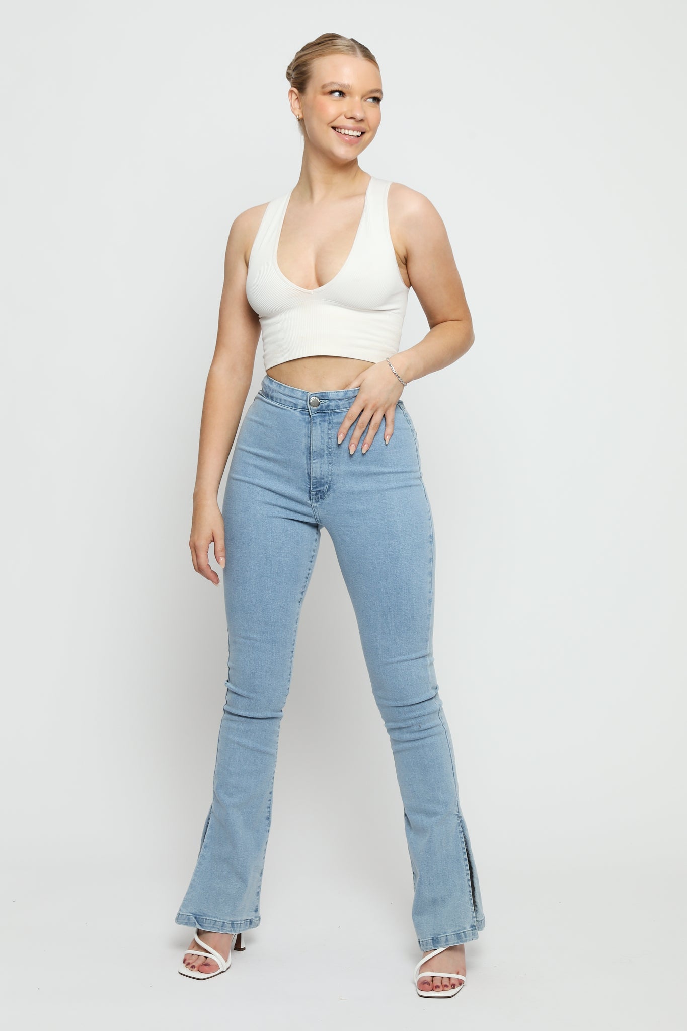 AURELIA High Waisted Split Hem Flare Jeans - Light Blue - JMOJO - Women's Flare Jeans
