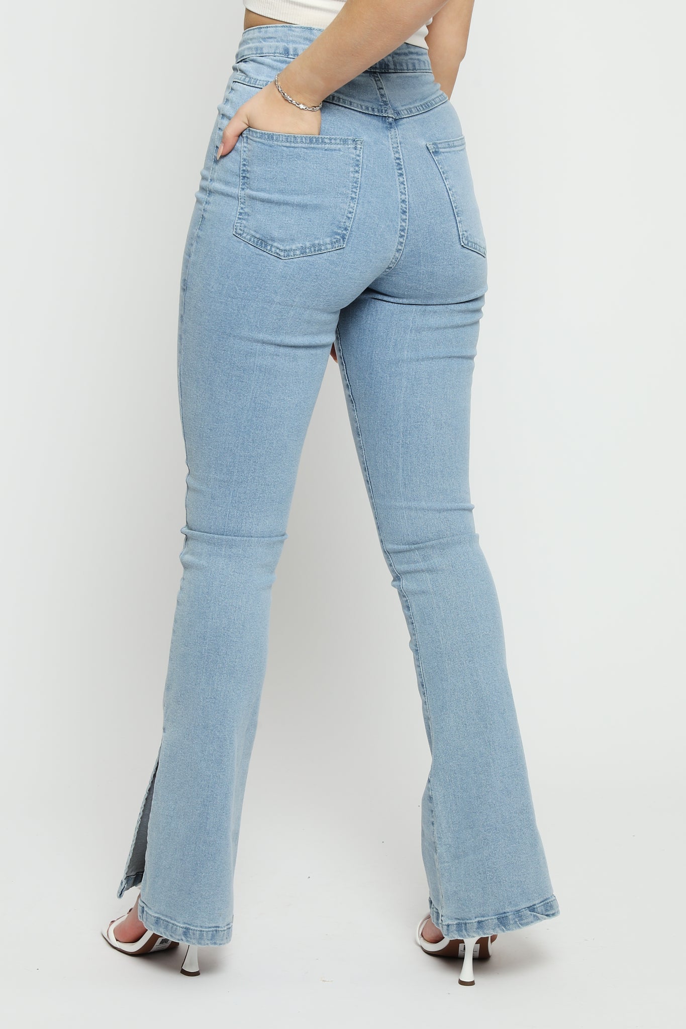 AURELIA High Waisted Split Hem Flare Jeans - Light Blue - JMOJO - Women's Flare Jeans