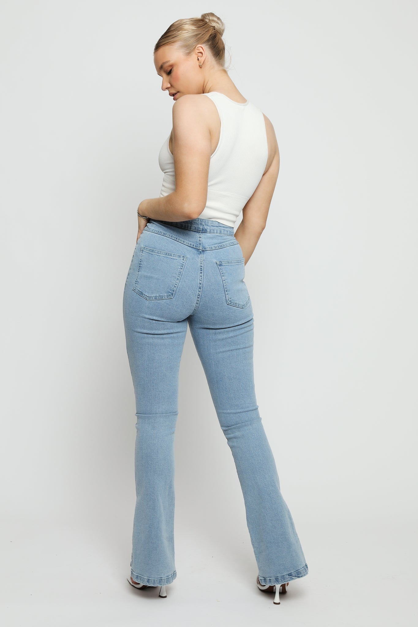 AURELIA High Waisted Split Hem Flare Jeans - Light Blue - JMOJO - Women's Flare Jeans