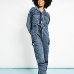 Ayla All - in - One Cargo Denim Jumpsuit – Blue Acid Wash - JMOJO - Women's Denim Jumpsuits