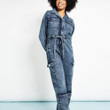 Ayla All - in - One Cargo Denim Jumpsuit – Blue Acid Wash - JMOJO - Women's Denim Jumpsuits
