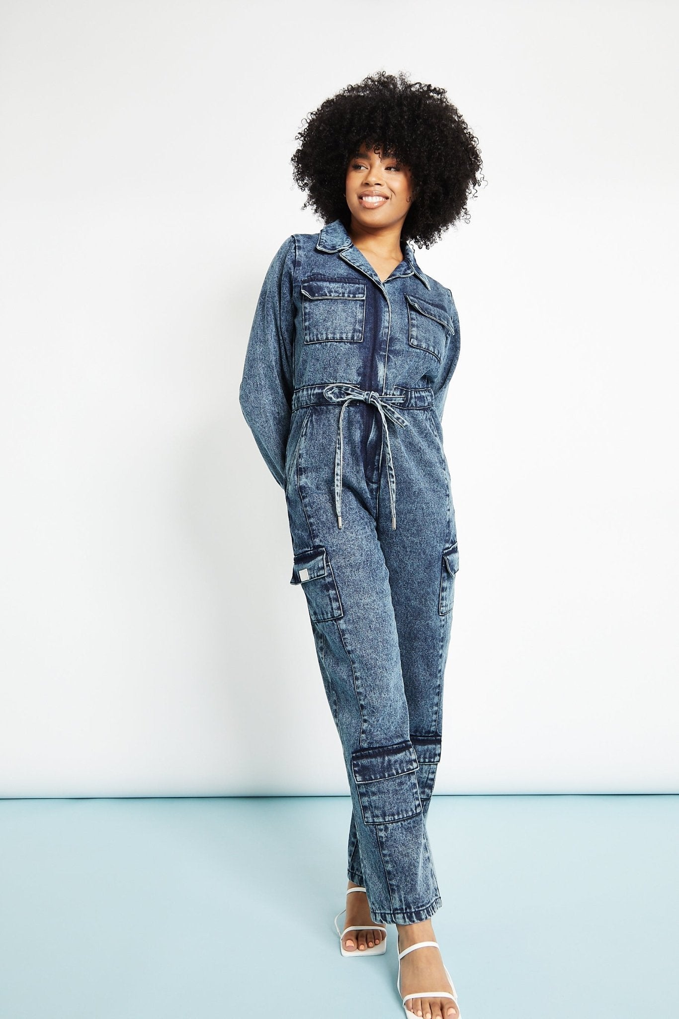 Ayla All - in - One Cargo Denim Jumpsuit – Blue Acid Wash - JMOJO - Women's Denim Jumpsuits