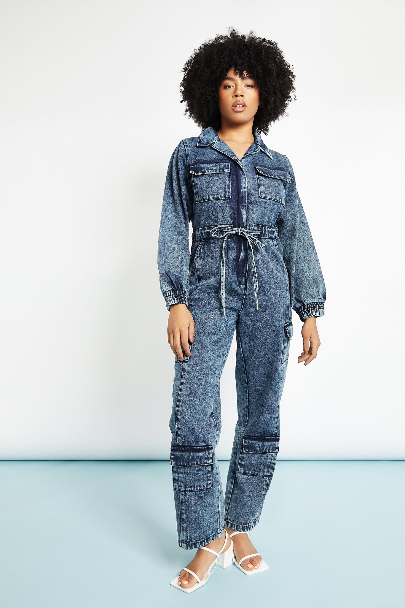 Ayla All - in - One Cargo Denim Jumpsuit – Blue Acid Wash - JMOJO - Women's Denim Jumpsuits