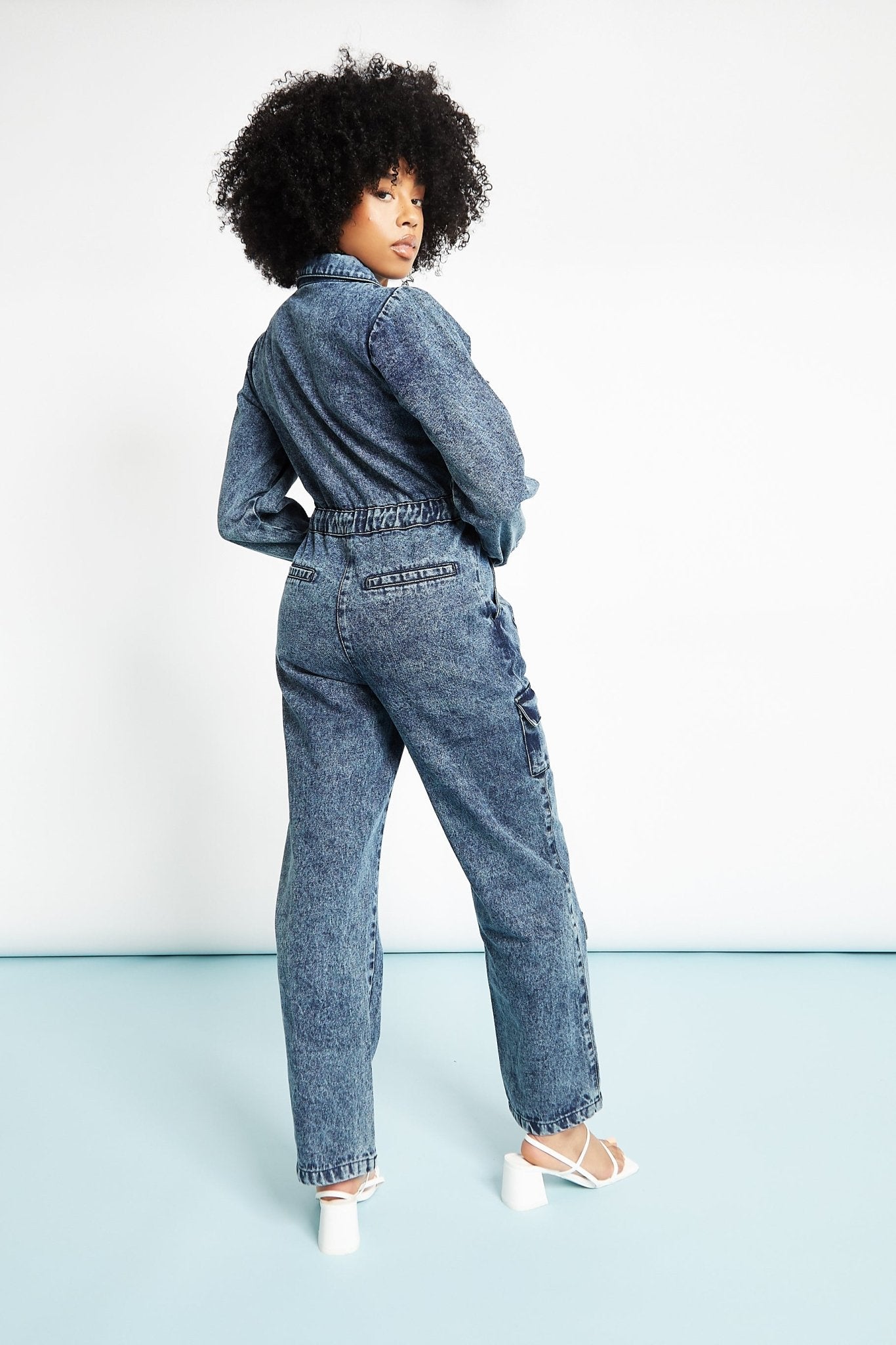 Ayla All - in - One Cargo Denim Jumpsuit – Blue Acid Wash - JMOJO - Women's Denim Jumpsuits