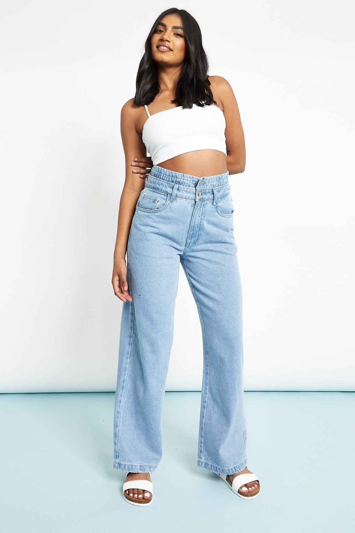 AYLA Boxer Style Wide Leg Jeans - Light Blue Wash - JMOJO - Women's Wide Leg Jeans