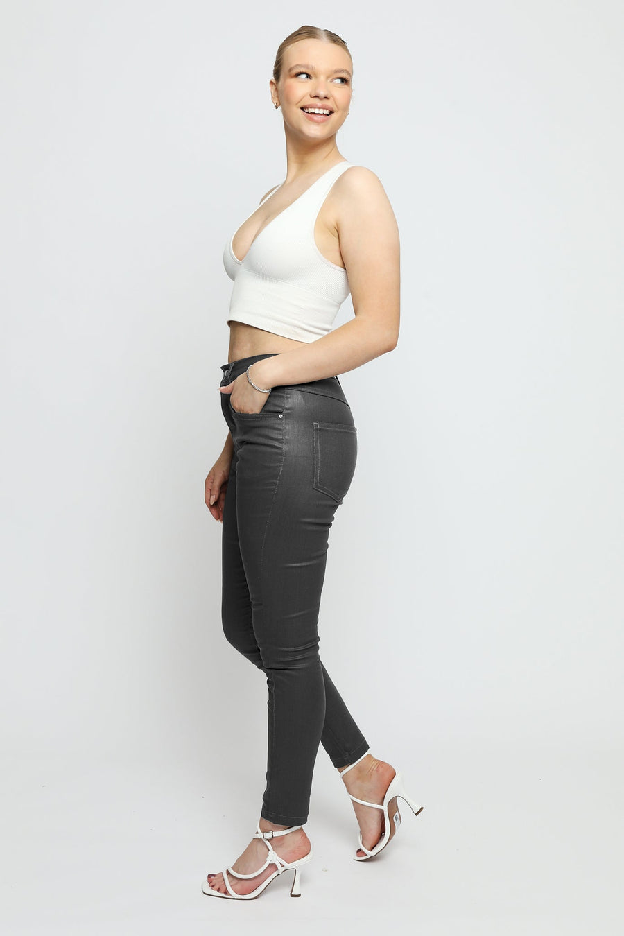 Azmira Coated Stretch Skinny Jeans - Grey - JMOJO - Women's Skinny Jeans