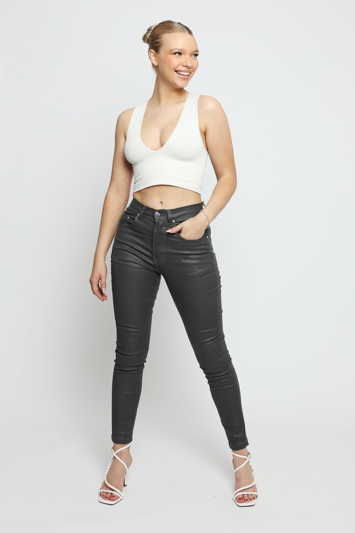 Azmira Coated Stretch Skinny Jeans - Grey - JMOJO - Women's Skinny Jeans