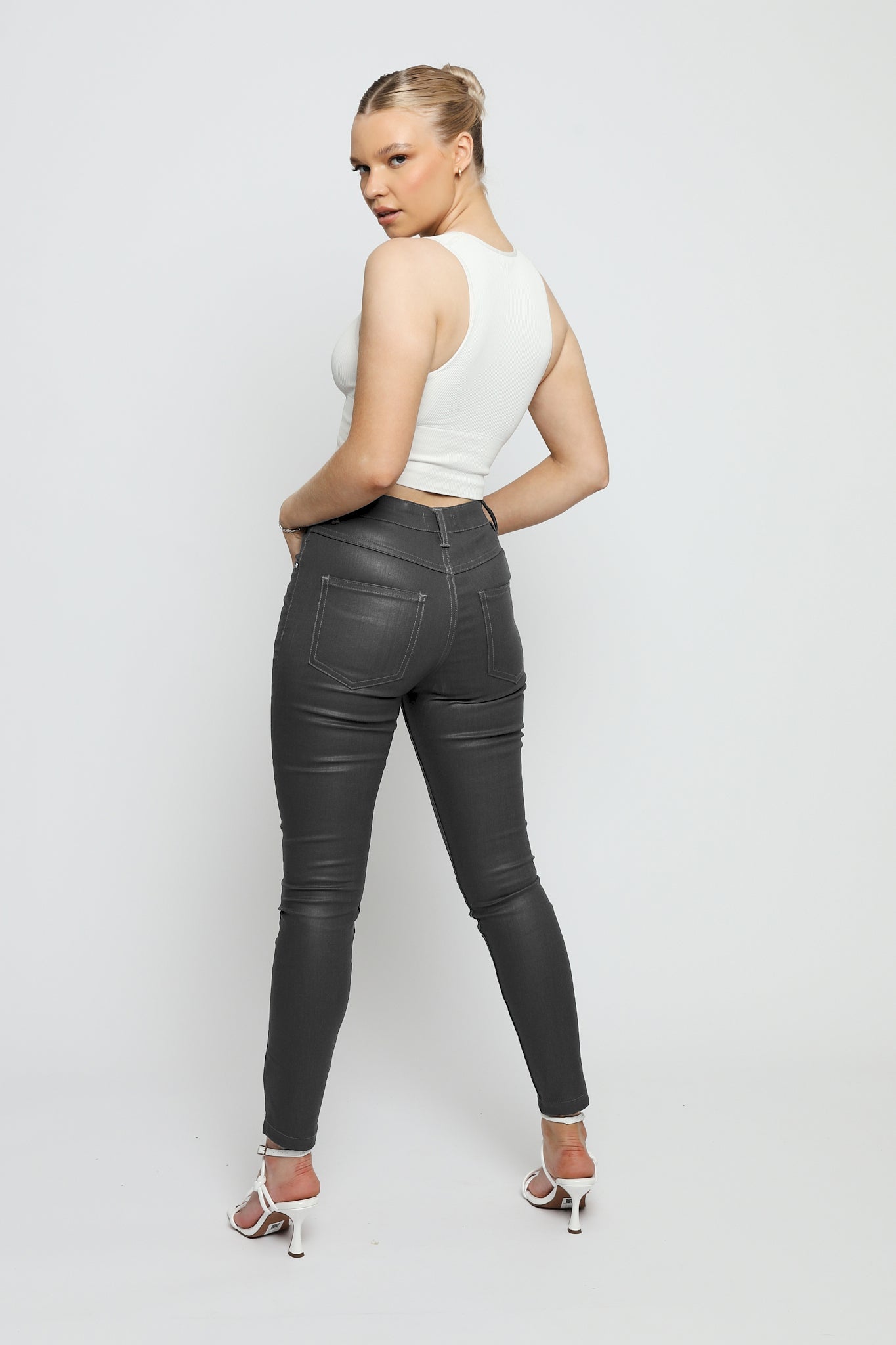 Azmira Coated Stretch Skinny Jeans - Grey - JMOJO - Women's Skinny Jeans