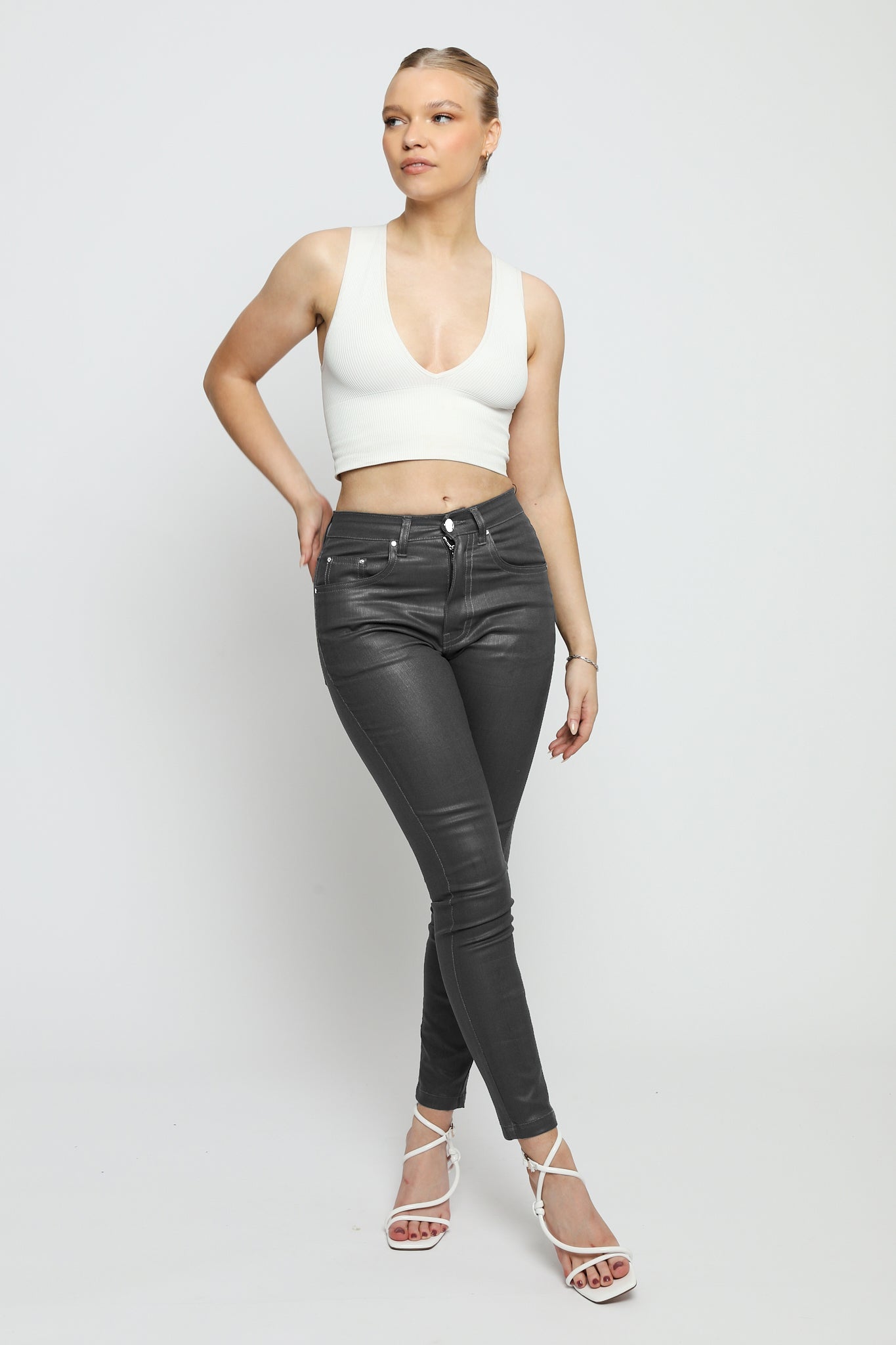 Azmira Coated Stretch Skinny Jeans - Grey - JMOJO - Women's Skinny Jeans