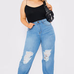 Babine Plus Size High Rise Straight Leg Ripped Jeans - Mid Blue Wash - JMOJO - Women's Straight Leg Jeans