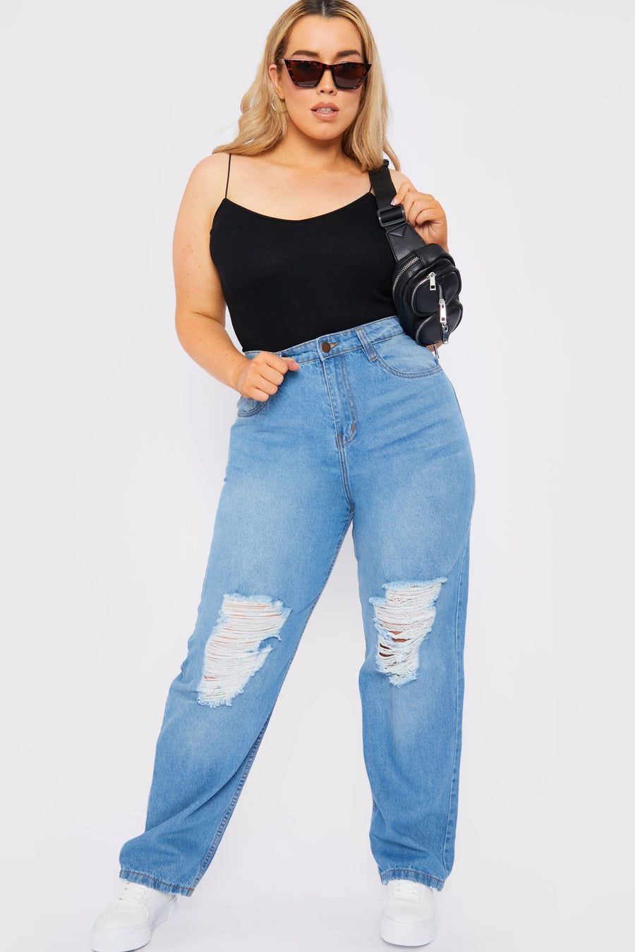 Babine Plus Size High Rise Straight Leg Ripped Jeans - Mid Blue Wash - JMOJO - Women's Straight Leg Jeans