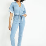 BELTED DENIM JUMPSUIT - LIGHT BLUE WASH - JMOJO - Women's Denim Jumpsuits