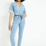 BELTED DENIM JUMPSUIT - LIGHT BLUE WASH - JMOJO - Women's Denim Jumpsuits