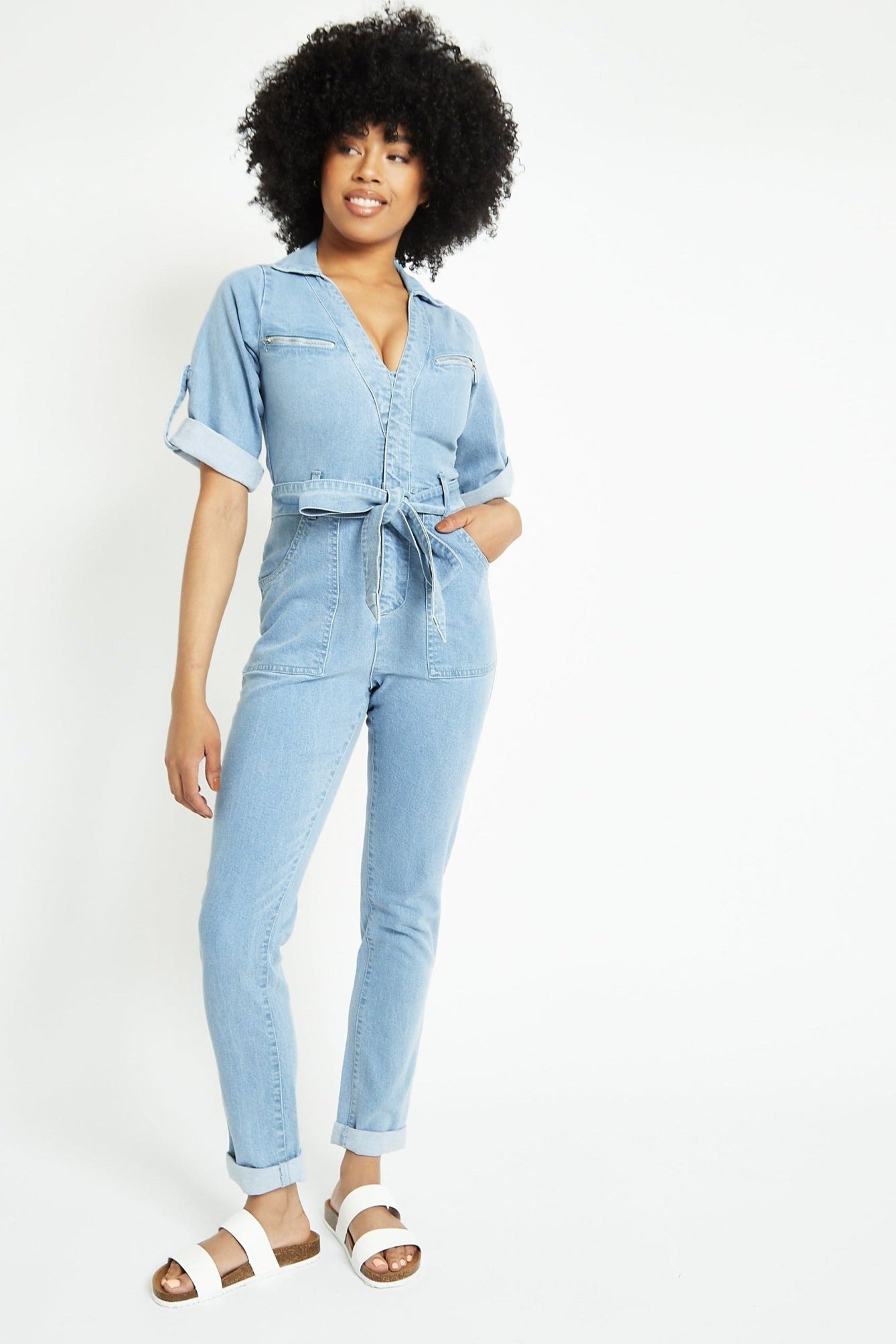 BELTED DENIM JUMPSUIT - LIGHT BLUE WASH - JMOJO - Women's Denim Jumpsuits