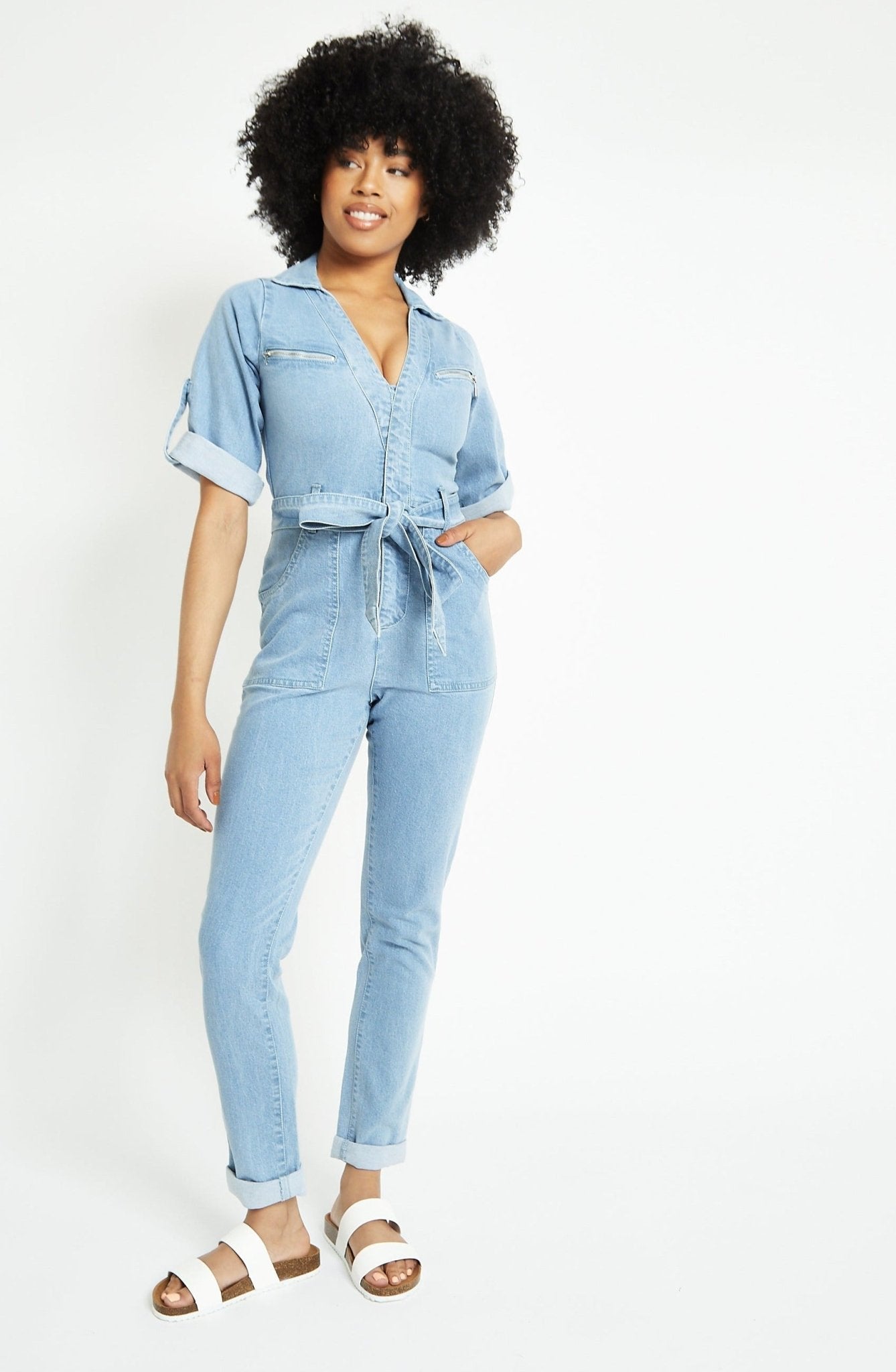 BELTED DENIM JUMPSUIT - LIGHT BLUE WASH - JMOJO - Women's Denim Jumpsuits