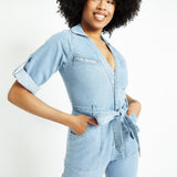 BELTED DENIM JUMPSUIT - LIGHT BLUE WASH - JMOJO - Women's Denim Jumpsuits
