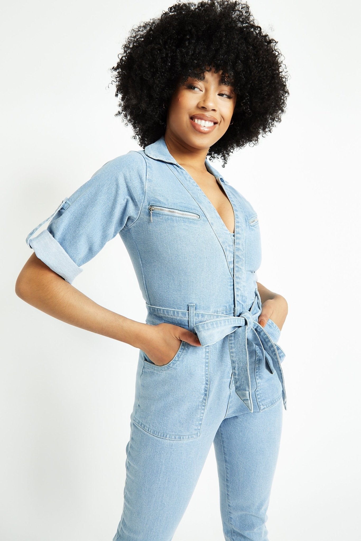 BELTED DENIM JUMPSUIT - LIGHT BLUE WASH - JMOJO - Women's Denim Jumpsuits