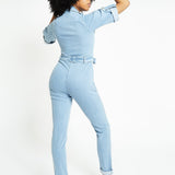 BELTED DENIM JUMPSUIT - LIGHT BLUE WASH - JMOJO - Women's Denim Jumpsuits
