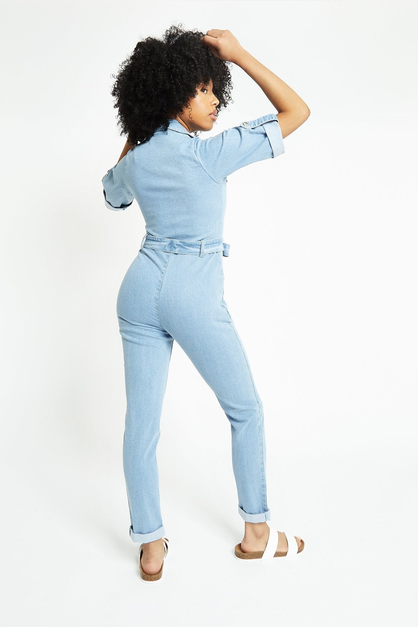 BELTED DENIM JUMPSUIT - LIGHT BLUE WASH - JMOJO - Women's Denim Jumpsuits