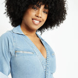 BELTED DENIM JUMPSUIT - LIGHT BLUE WASH - JMOJO - Women's Denim Jumpsuits