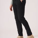 Detailed side view of the black slim fit chinos trousers.