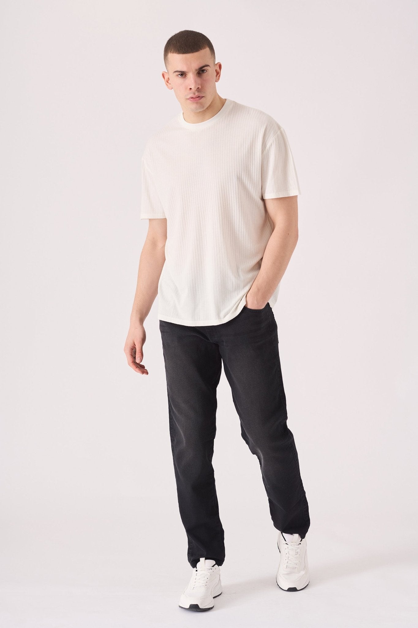 black wash slim fit jeans front view stretch denim