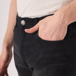 black wash slim fit jeans button fly and waistband detail