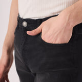 black wash slim fit jeans button fly and waistband detail