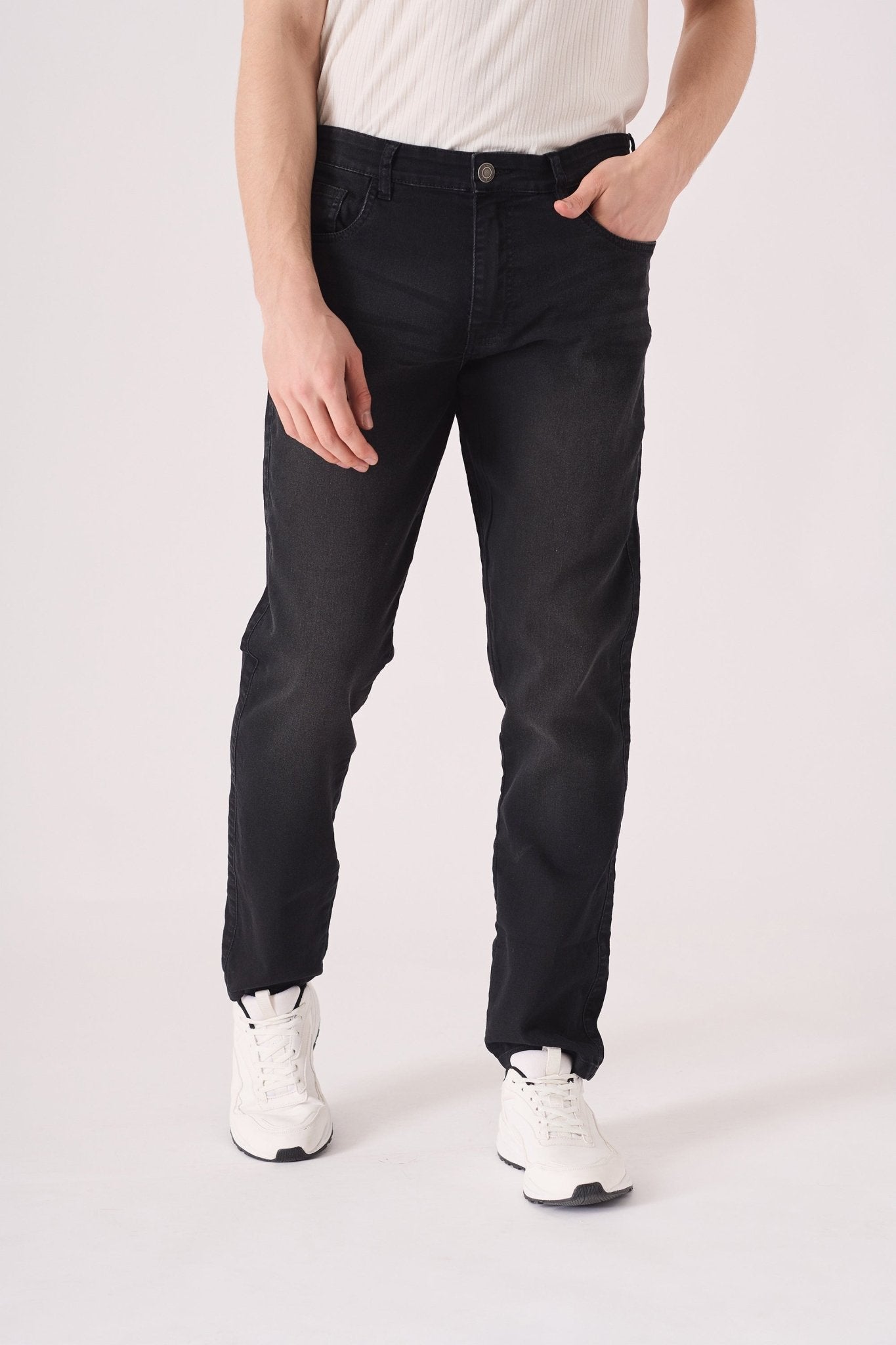 black washed slim fit jeans men lifestyle full outfit view