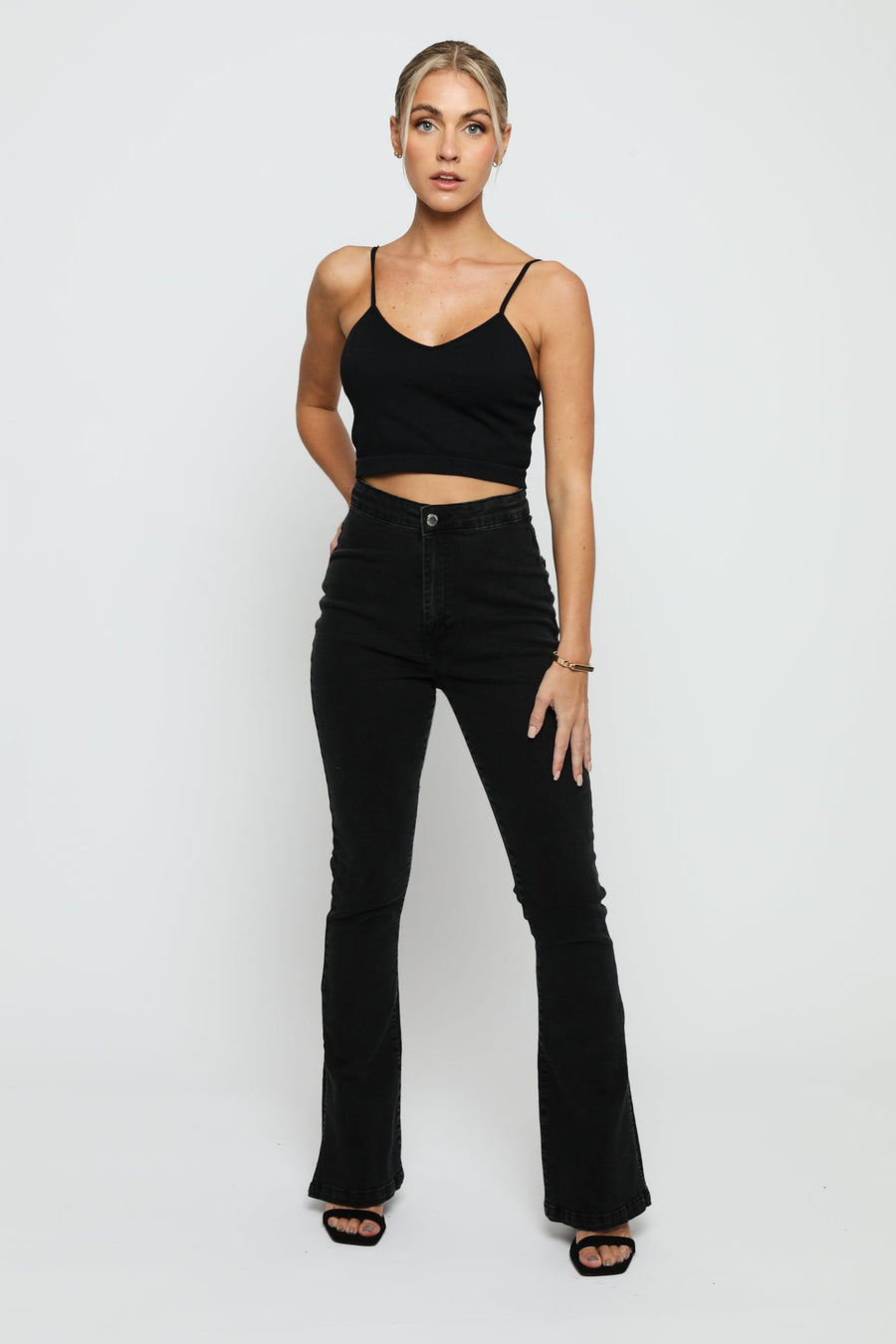 CASSIA Black Split Hem Flare Jeans - Black Wash - JMOJO - Women's Flare Jeans