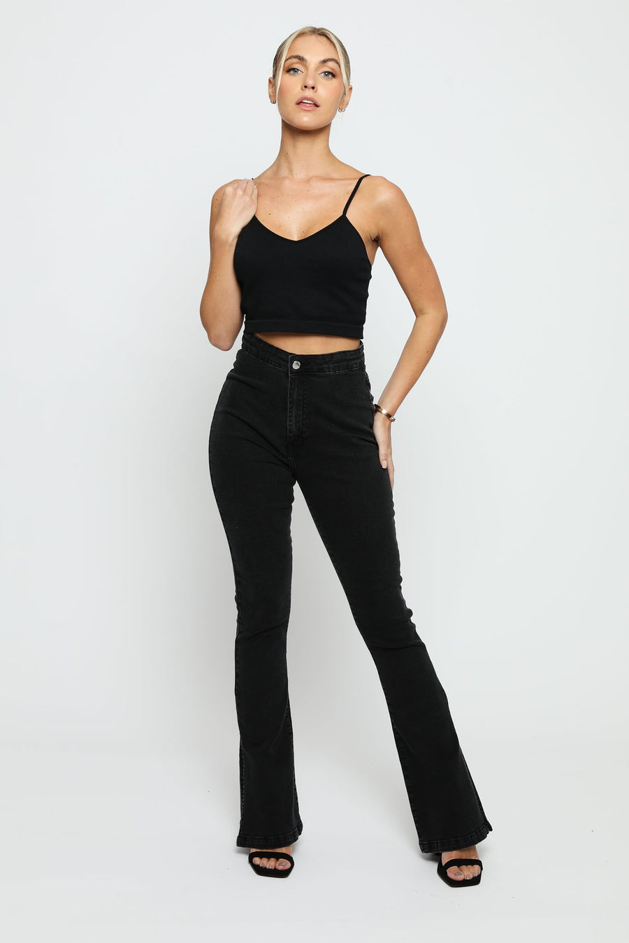 CASSIA Black Split Hem Flare Jeans - Black Wash - JMOJO - Women's Flare Jeans