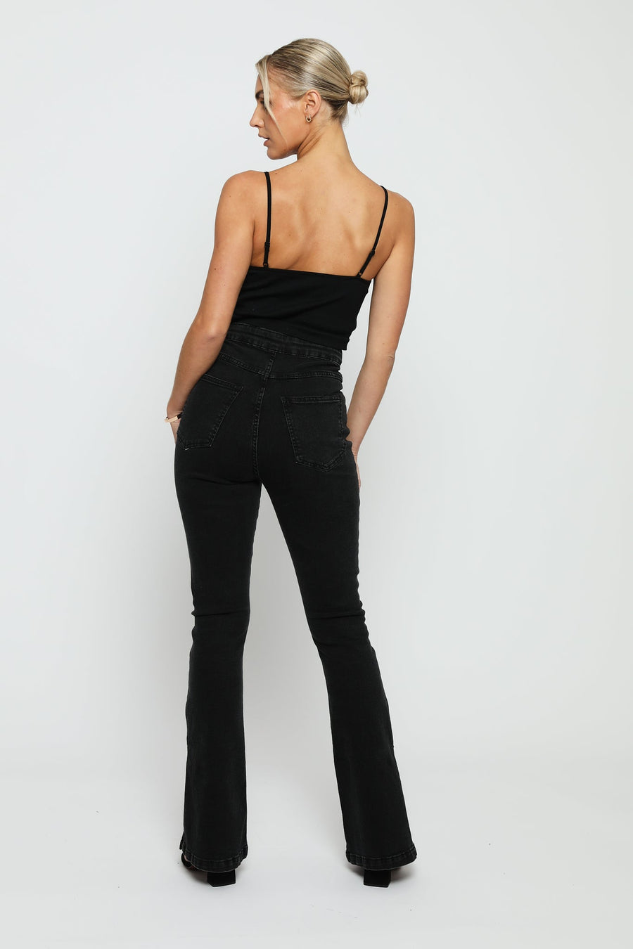 CASSIA Black Split Hem Flare Jeans - Black Wash - JMOJO - Women's Flare Jeans