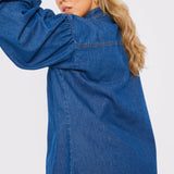 Celia Plus Size Balloon Sleeve Denim Shirt – Mid Blue - JMOJO - Women's Oversize Denim Shirts