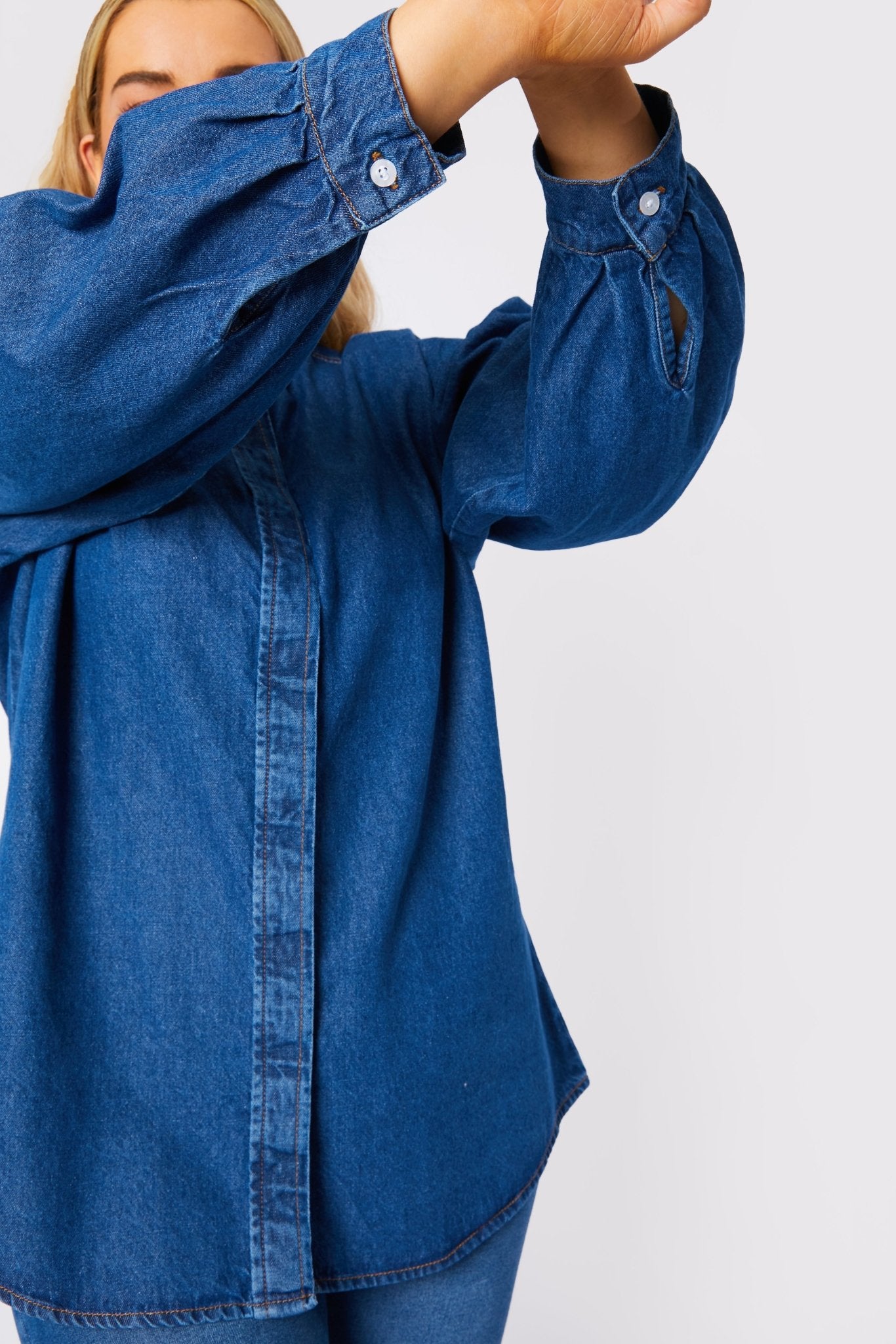 Celia Plus Size Balloon Sleeve Denim Shirt – Mid Blue - JMOJO - Women's Oversize Denim Shirts