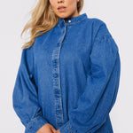 Celia Plus Size Balloon Sleeve Denim Shirt – Mid Blue - JMOJO - Women's Oversize Denim Shirts