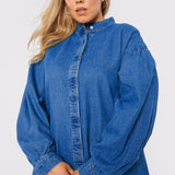 Celia Plus Size Balloon Sleeve Denim Shirt – Mid Blue - JMOJO - Women's Oversize Denim Shirts