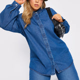 Celia Plus Size Balloon Sleeve Denim Shirt – Mid Blue - JMOJO - Women's Oversize Denim Shirts