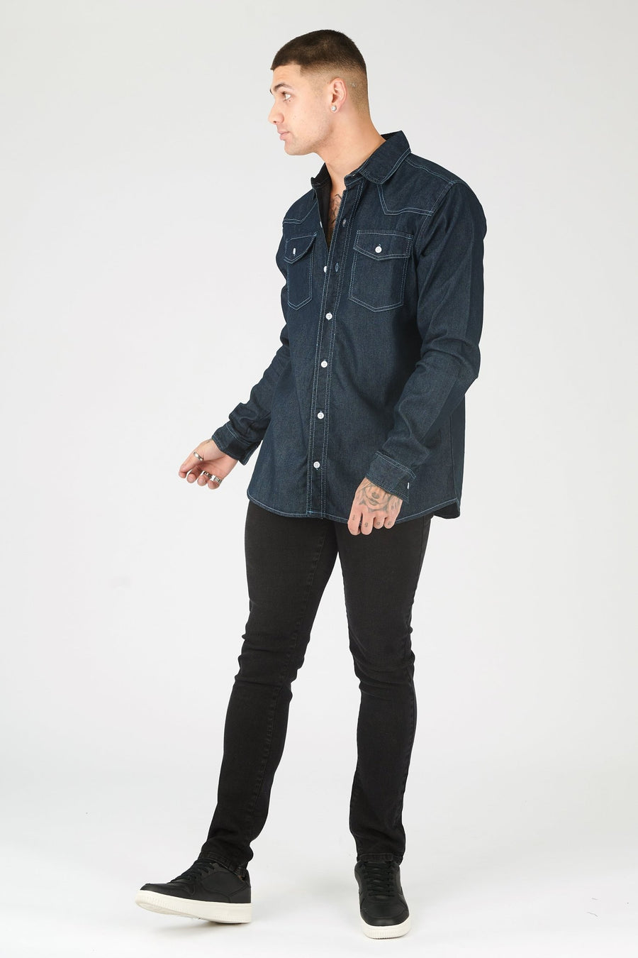CONTRAST STITCH DENIM SHIRT - DARK INDIGO BLUE - JMOJO - Men's Denim Shirts