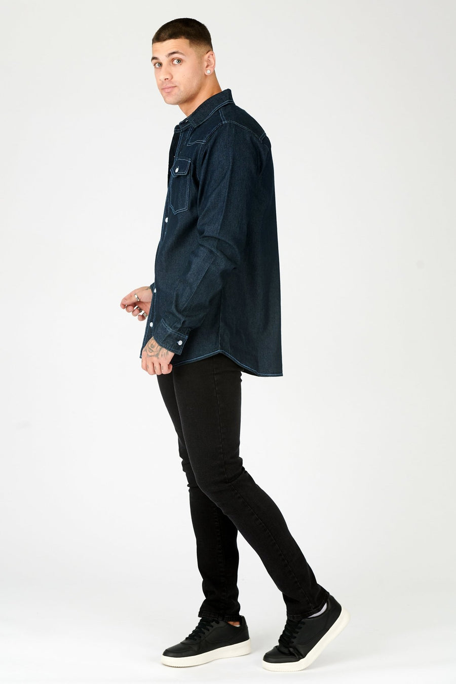 CONTRAST STITCH DENIM SHIRT - DARK INDIGO BLUE - JMOJO - Men's Denim Shirts