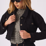 CROPPED DENIM JACKET - BLACK - JMOJO - Women's Cropped Denim Jackets