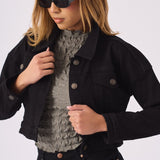 CROPPED DENIM JACKET - BLACK - JMOJO - Women's Cropped Denim Jackets