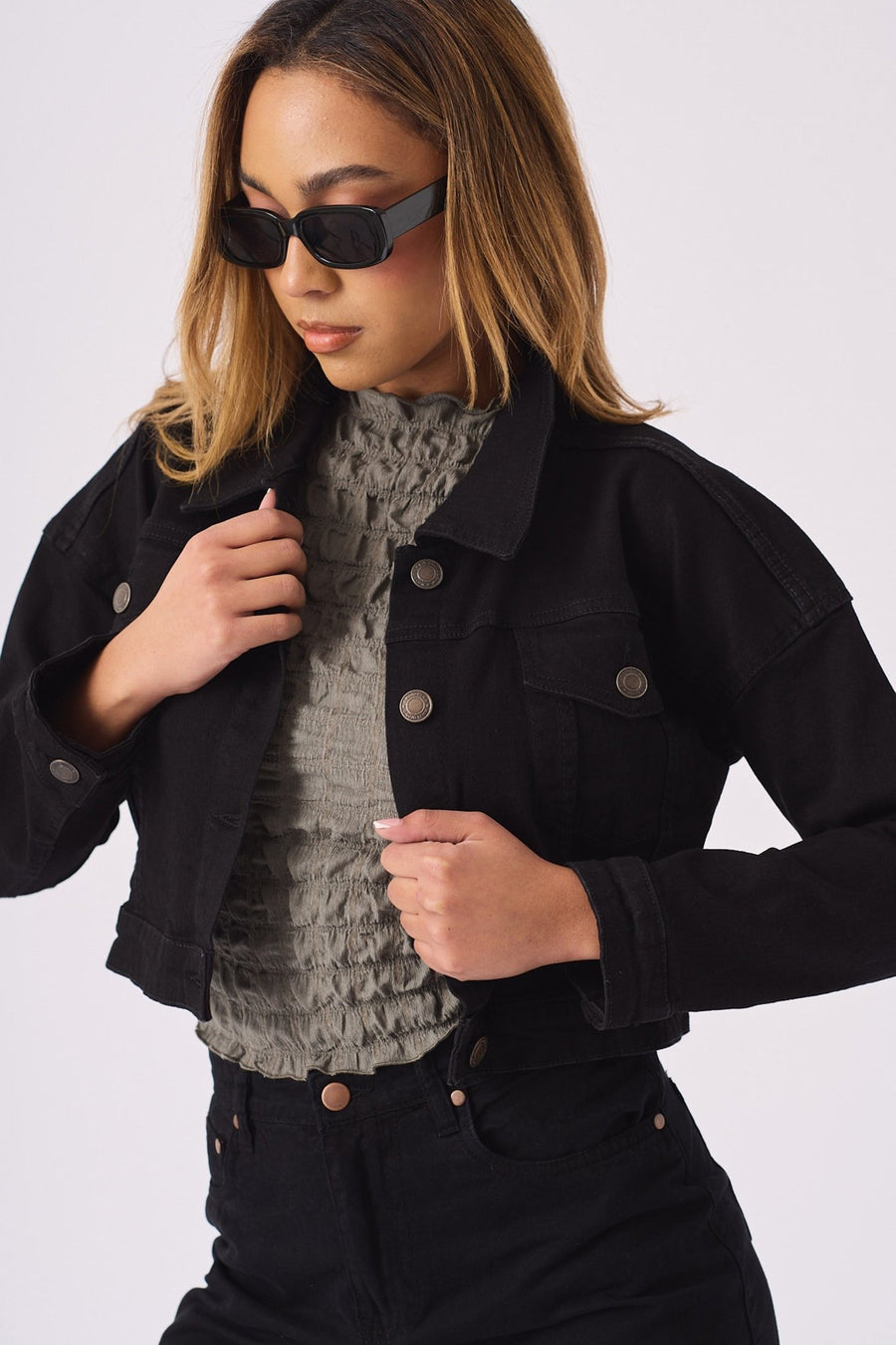 CROPPED DENIM JACKET - BLACK - JMOJO - Women's Cropped Denim Jackets