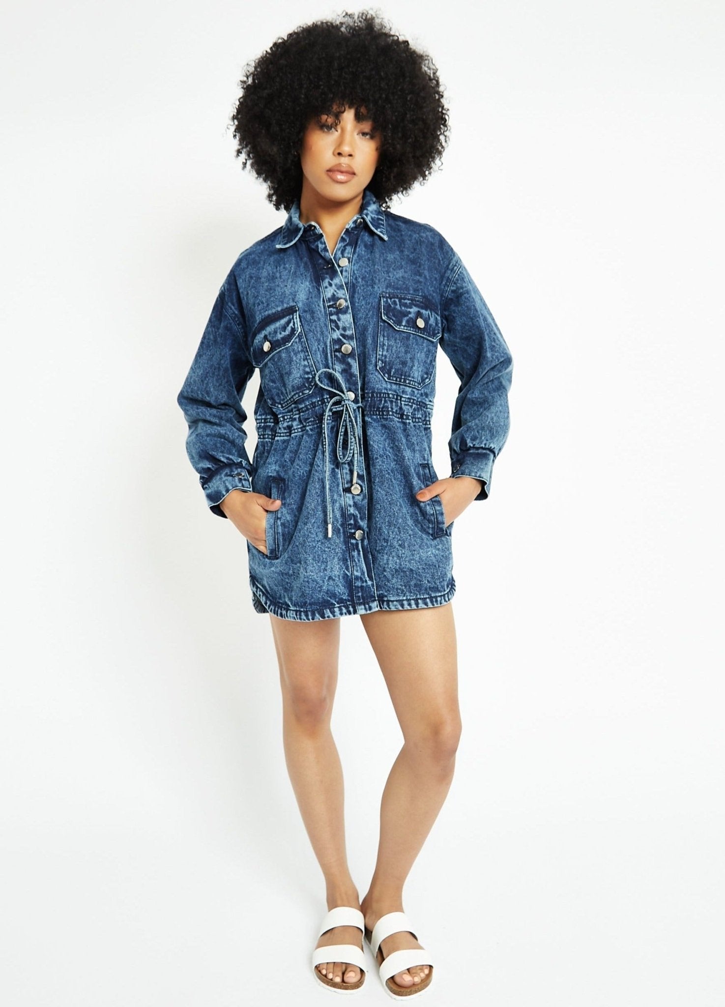 DENIM BUTTON UP DRESS - BLUE - JMOJO - Women's Denim Dresses