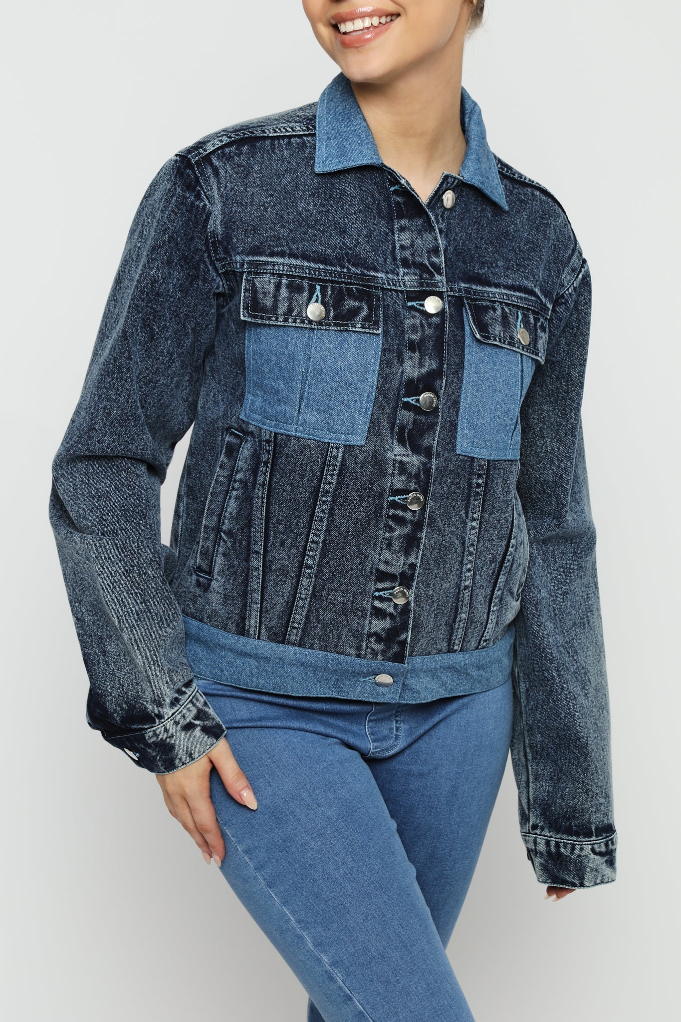 Dusk Two - Tone Denim Jacket – Mid Blue Wash - JMOJO - Women's Denim Jacket